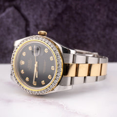 Rolex Men's Datejust 41mm 18k Gold & Steel Iced 3ct Diamonds Black Dial 116333