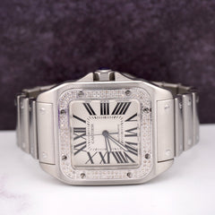 Cartier Santos 100 XL Men's 1.5ct Iced Stainless Steel White Dial Watch Ref 2656