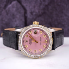 Rolex Mens Datejust 36mm Gold/Steel ICED 1.75ct Diamond Pink Dial Watch Leather