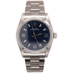 Rolex 31mm Oyster Perpetual Ladies Steel Smooth Blue Arabic Dial Watch Ref 67480