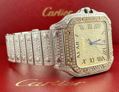 Cartier Santos Large Men's 40mm Roman Gold Dial Steel Watch Iced 12ct Diamonds