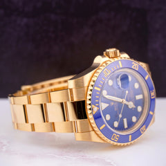 ROLEX 40MM SUBMARINER DATE WATCH 18K YELLOW GOLD BLUE CERAMIC BEZEL 116618LB