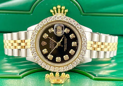 Rolex Ladies Datejust 26mm Watch 18k Gold & Steel ICED 2ct Diamonds Black Dial