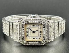 Cartier Santos Galbee Ladies 24mm Steel Watch Roman Dial Iced 4ct Diamonds 1565