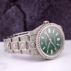 Rolex Oyster Perpetual 41mm Mens Steel Watch Iced 16ct Diamonds GREEN Ref 124300