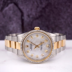 Rolex 34mm Oyster Perpetual 18k Gold & Steel Watch 2ct Diamonds White M.O.P.