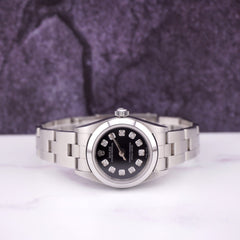 Rolex Oyster Perpetual 25mm Stainless Steel Watch Black Diamond Dial Ref: 67180