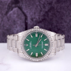 Rolex Oyster Perpetual 36mm Steel Auto Watch Green Iced Out 10ct Ref: 116000