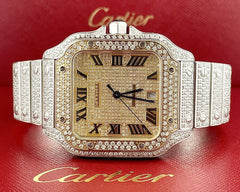 Cartier Santos Large Men's 40mm Roman Gold Dial Steel Watch Iced 12ct Diamonds