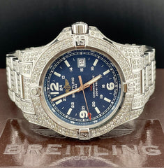 Breitling Colt Mens 44mm Iced 10ct Diamonds Blue Dial Steel Quartz Watch A74388