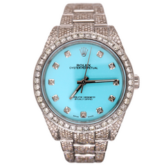 Rolex Men's Oyster Perpetual Steel Watch 39mm Iced 15ct Diamond Baby Blue