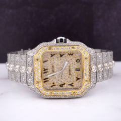 Cartier Santos Men's 40mm Large 2-Tone Watch Roman Iced 20ct Diamonds SOLITAIRE