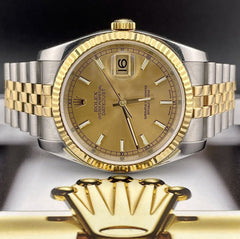 Rolex Mens Datejust 36mm 18K Yellow Gold & Steel Watch Jubilee Fluted Ref 116233