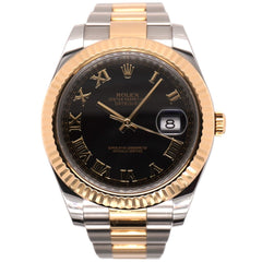 Rolex Men's Datejust II 41mm 18k Gold&Steel Oyster Black Roman Dial Watch 116333