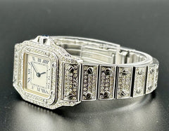 Cartier Santos Galbee Ladies 24mm Steel Watch Roman Dial Iced 4ct Diamonds 1565