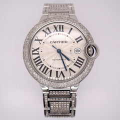 Cartier Ballon Bleu 42mm Iced 10ct Diamonds Steel Mens Watch Roman Auto W69012Z4