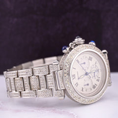 Cartier Pasha Chrono Ladies 38mm Steel Watch Roman Iced 7ct Diamonds Ref 1050