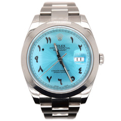 Rolex Mens Datejust 41mm Ice Blue Arabic Dial Oyster Steel Watch Ref 126300