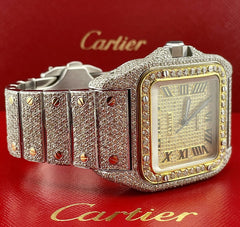 Men's Cartier Santos XL 2-Tone Iced Out 25ct Genuine Diamonds Gold Dial Ref 2656