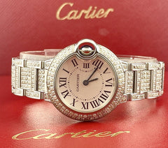 Cartier Ballon Bleu Ladies Watch 29mm Iced Out 6ct Diamonds Steel Quartz 3009