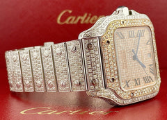 Cartier Santos Men's 40mm RoseGold Dial Steel Watch Roman Iced Out 12ct Diamonds