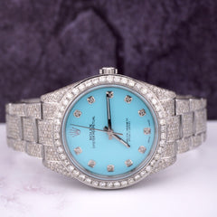 Rolex Men's Oyster Perpetual Steel Watch 39mm Iced 15ct Diamond Baby Blue