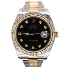 Rolex Men's Datejust 41mm 18k Gold & Steel Iced 3ct Diamonds Black Dial 116333