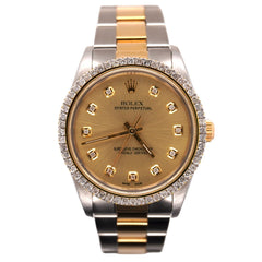 Rolex 34mm Oyster Perpetual 18k Yellow Gold & Steel Watch 2ct Diamonds Gold Dial