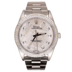 Rolex Oyster Perpetual 34mm Ladies 1.50ct Diamond White MOP Dial Steel Watch