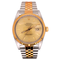 Rolex Mens Datejust 36mm 18k Yellow Gold & Steel Watch Gold Dial Box/Paper 16013