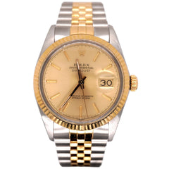 Rolex Mens Datejust 36mm 18k Yellow Gold & Steel Watch Gold Dial Ref: 16013