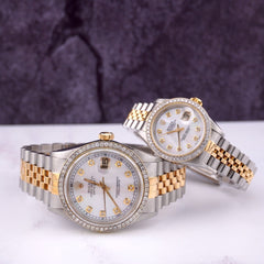 Rolex SET Datejust 26/36mm 18k Yellow Gold & Steel ICED 1.75ct Diamonds MOP Dial