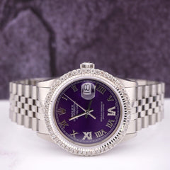 Rolex Men's Datejust 36mm Jubilee Steel Watch ICED 2.50ct Diamonds Purple Dial