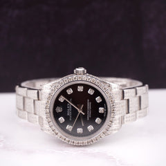 Rolex Oyster Perpetual 31mm Midsize ICED 6ct Diamonds Black Steel Watch 177200