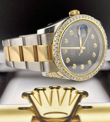 Rolex Datejust 36mm 18k Yellow Gold & Steel Oyster Watch 2ct Diamonds Black Dial