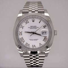 Rolex Mens Datejust 41mm White Dial Silver Roman Jubilee Steel Watch Ref 126300