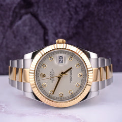 Rolex Men Datejust II 41mm 18kGold&Steel Oyster Ivory Diamond Dial Watch 116333