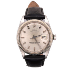 Vintage Rolex Men's 36mm Datejust Fluted Steel Watch Silver Dial Leather 1601