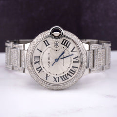 Cartier Ballon Bleu 42mm Iced 10ct Diamonds Steel Mens Watch Roman Auto W69012Z4