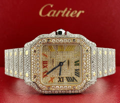 Cartier Santos Ladies 35mm 18K Yellow Gold & Steel Watch Roman Iced 20ct Diamond