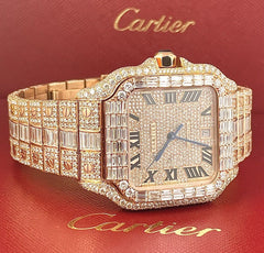 Cartier Santos 18k Rose Gold Baguette 39.8mm Iced 26ct Genuine Diamonds WGSA0009