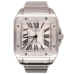 Cartier Santos 100 XL Men's 1.5ct Iced Stainless Steel White Dial Watch Ref 2656