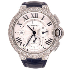 Cartier Ballon Bleu 44mm Iced 5ct Diamonds Steel Mens Watch Roman Auto Ref: 3109