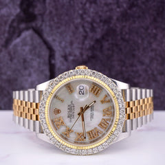 Rolex Men's Datejust 41 18k Gold & Steel ICED 4.00ct Diamond Roman Pearl Dial