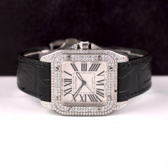 Cartier Santos 100 33mm Watch Iced 2ct Genuine Diamonds Roman Leather Ref 2878