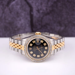 Rolex Ladies Datejust 26mm 18k Gold & Steel Watch ICED 1.5ct Diamonds Black Dial