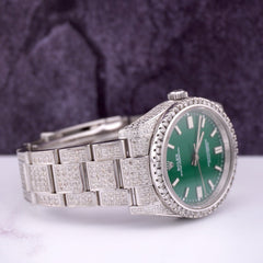 Rolex Oyster Perpetual 36mm Steel Auto Watch Green Iced Out 10ct Ref: 116000