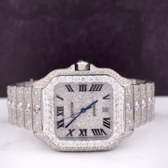 Cartier Santos Men's 40mm Large Steel Watch Roman Iced 20ct Diamonds SOLITAIRE