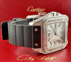 Cartier Santos 100 XL Mens Iced Out 4.5ct Genuine Diamonds Roman Rubber Ref 2656