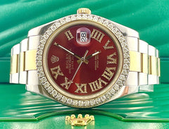 Rolex Men's Datejust 41mm 18k Gold & Steel Iced 3ct Diamonds Red Roman 116333